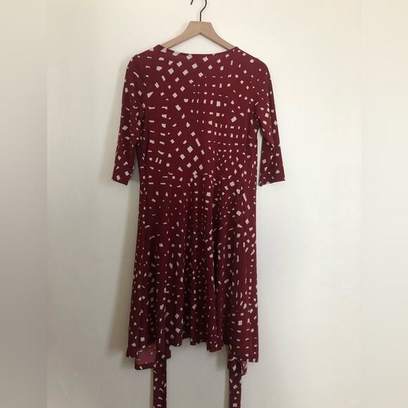 Moda International Burgundy Red White Polka Dots V-Neck Tie Open Wrap Dress - Picture 6 of 6